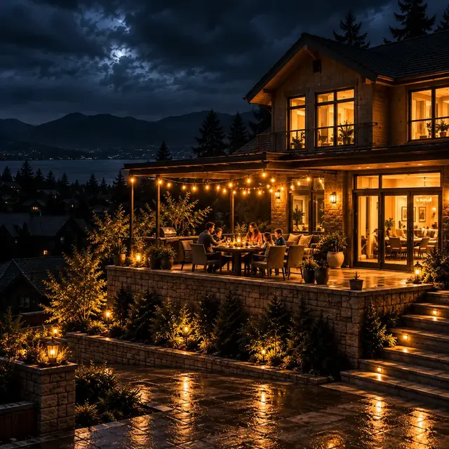 Familia cenando de noche en una terraza iluminada durante un corte de suministro